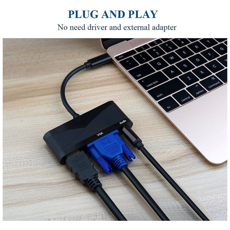 4 az 1 ben HUB adapter a Type C től HDMI hez, VGA, Audio és USB, Hub adapter 4 az 1 ben HUB adapter a Type C től HDMI hez, VGA, Audio és USB, Hub adapter