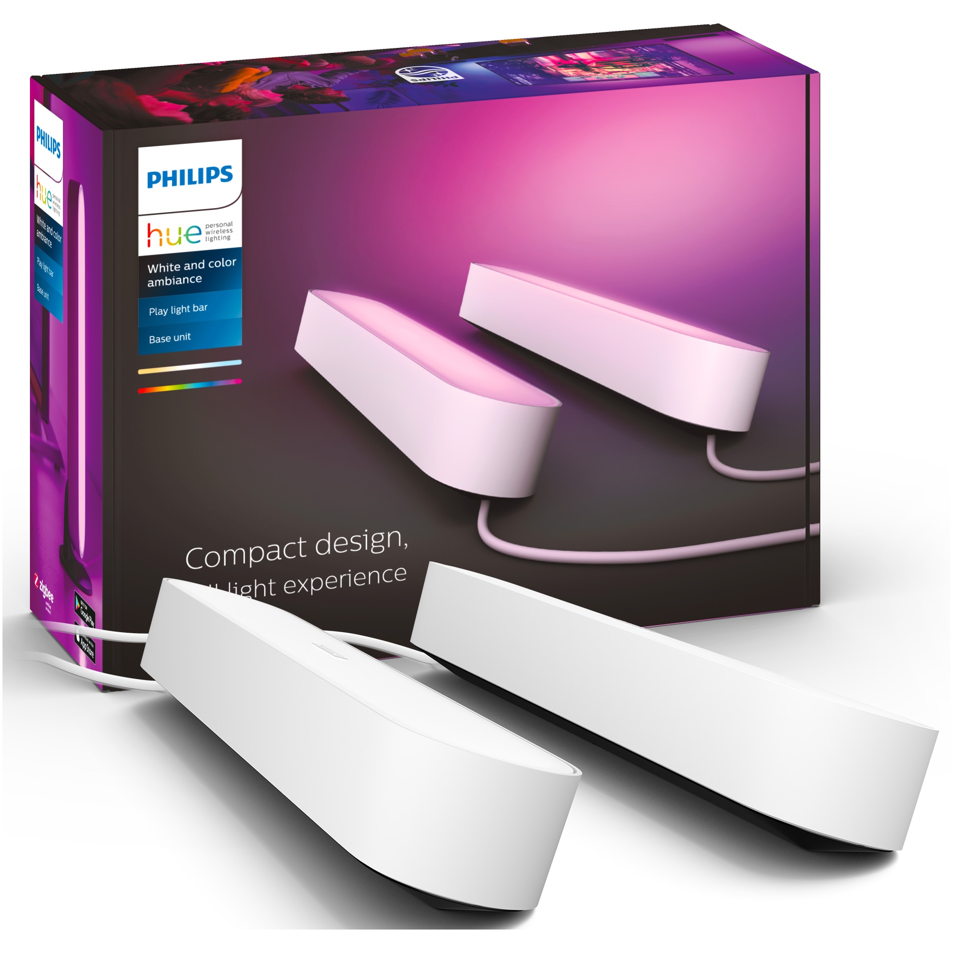 Pachet 2 lampi LED integrat Philips HUE Play, 530 lm, ambianta alba si color, 25.3 cm, Alb, clasa energetica G