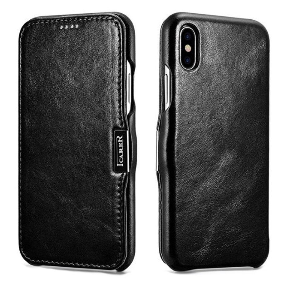 Husa iPhone XS Max, iCARER Vintage Side Open, piele naturala, tip carte, inchidere magnetica, culoare Negru