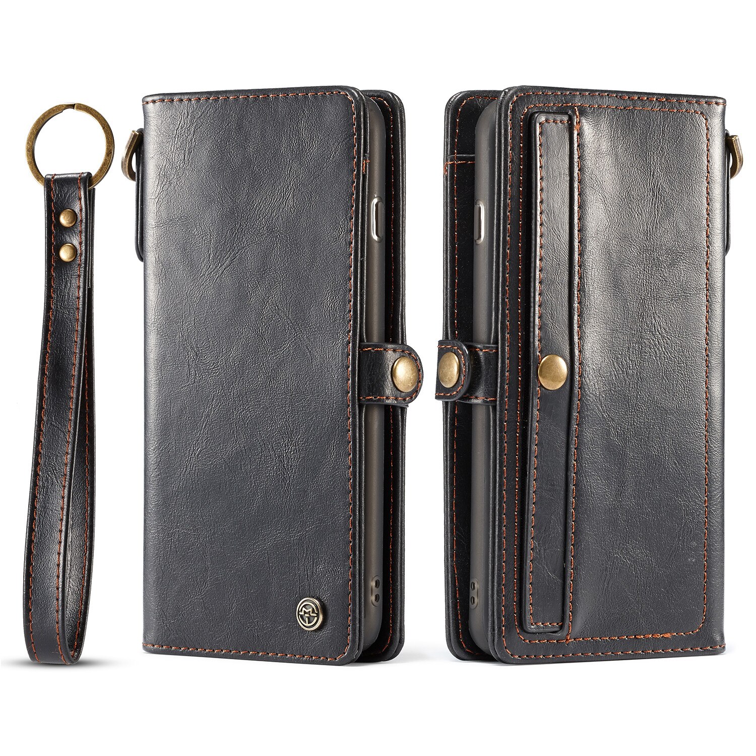 Husa iPhone 8 Plus, 7 Plus, CaseME, piele portofel, multifunctionala, buzunare carduri, bani, casti, chei, culoare Negru