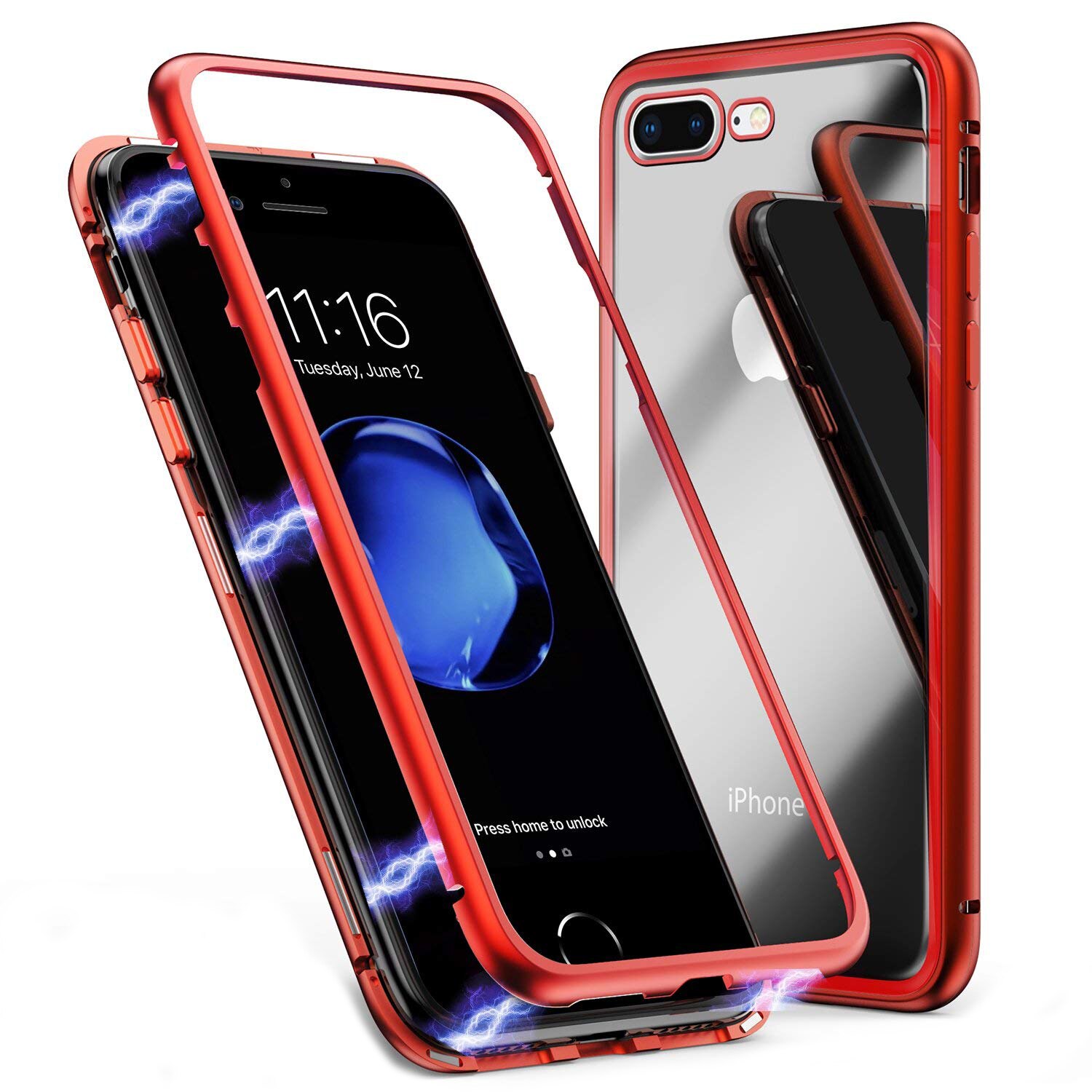 Husa tip bumper magnetic + folie sticla securizata spate, iPhone 8 Plus / 7 Plus - CaseMe, culoare Rosu