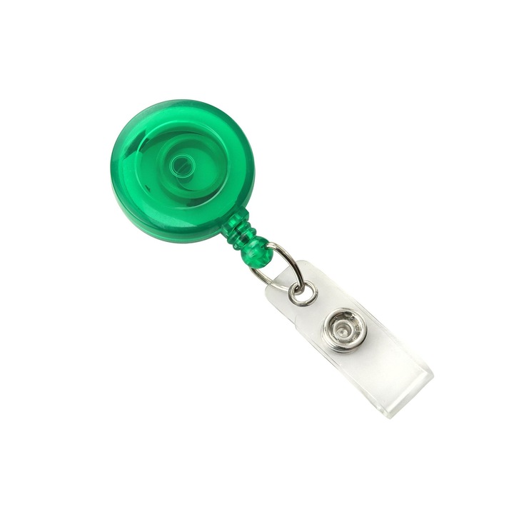 Set 20 buc. clips / rola cu fir (snur) retractabil pentru ecuson / legitimatie / card acces, Verde Transparent