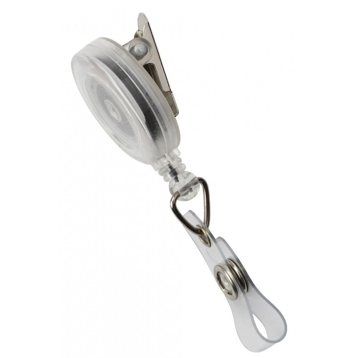 Set 20 buc. clips / rola cu fir (snur) retractabil pentru ecuson / legitimatie / card acces, Alb Transparent
