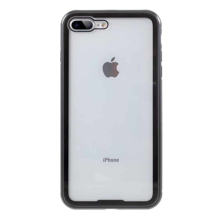 Husa compatibila cu Iphone 7 Plus / 8 Plus - Sticla Fata+Spate 360 grade, Cadru metalic cu magneti, negru