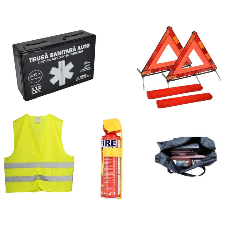 Kit siguranta auto ART omologat R.A.R cu valabilitate 5 ani, 1x Trusa prim ajutor, 2 xTriunghiuri,1x Stingator tip spray 1000ml, 1xVesta reflectorizanta alaturi de Geanta pentru depozitare