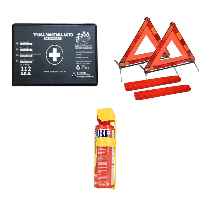 Kit siguranta auto IDL© omologat R.A.R cu valabilitate 5 ani, 1x Stingator Tip Spray 1000ml, 1x Trusa Medicala Valabilitate 5 ani, 2x Triunghi Reflectorizant