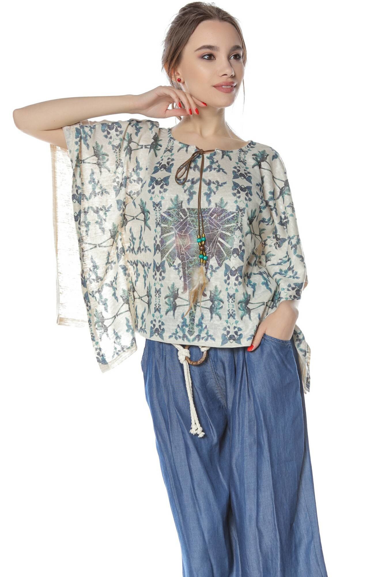 Bluza stil poncho, crem, cu imprimeu elefant , S-M