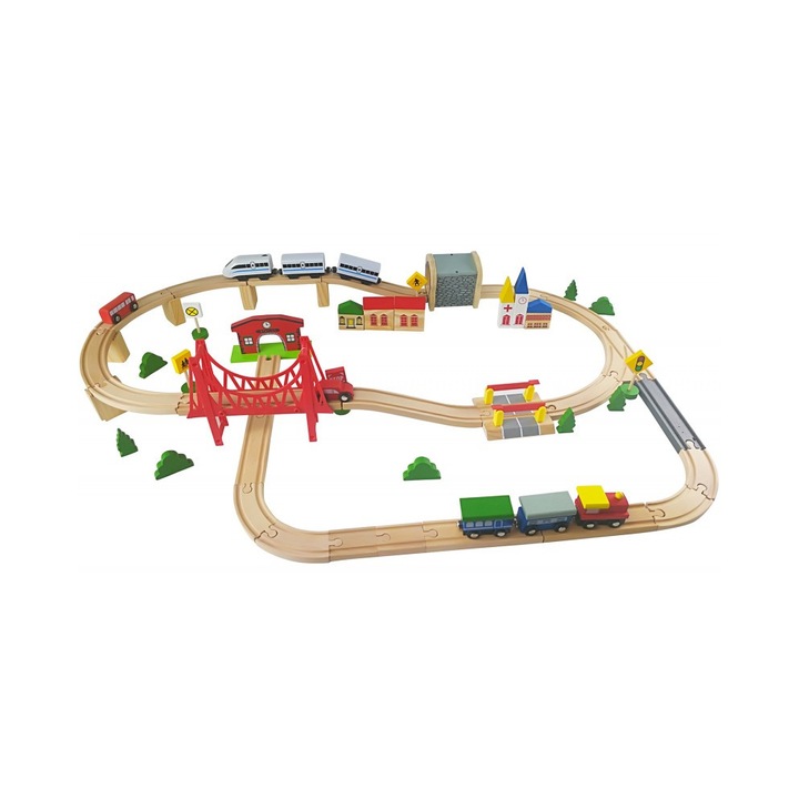 Детско влакче „GREEN WOOD TRAIN TRACK“, 2 влака, XXL коловози, Сменяем маршрут, Множество аксесоари, Естествено дърво