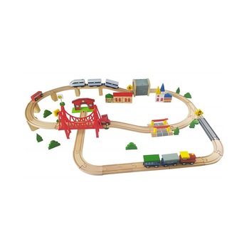 Circuit 2 Trenulete cu Pista XXL din Lemn Natural,  Circuit 2 Trenulete cu Pista XXL din Lemn Natural,