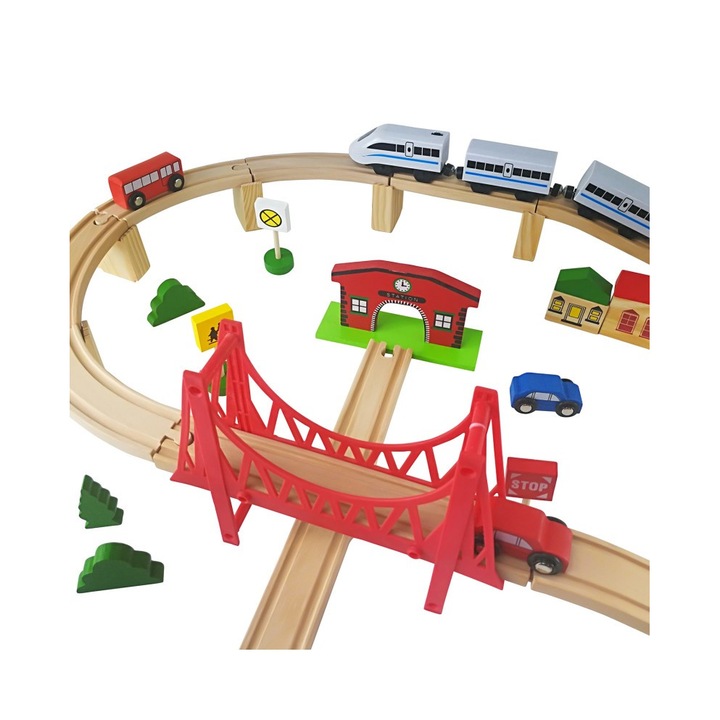 Детско влакче „GREEN WOOD TRAIN TRACK“, 2 влака, XXL коловози, Сменяем маршрут, Множество аксесоари, Естествено дърво