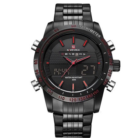 Ceas barbatesc, NaviForce 9024, Negru cu Rosu, Otel inoxidabil