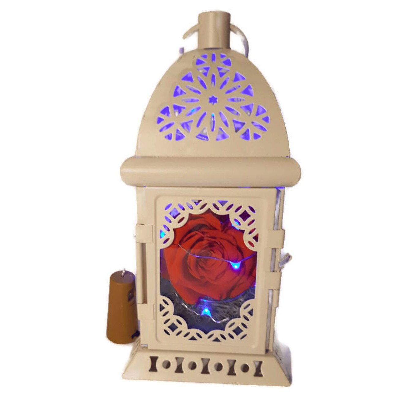 Trandafir criogenat portocaliu, in felinar alb, iluminat cu leduri