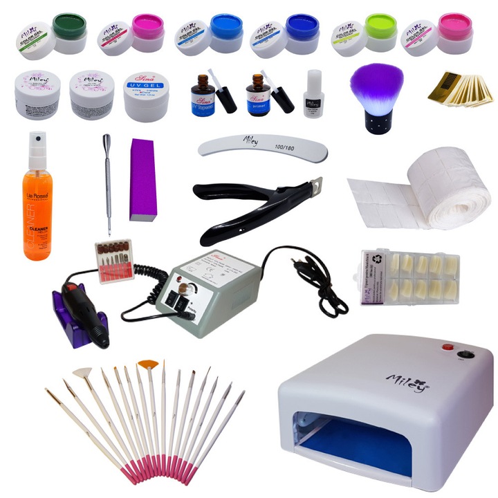 Kit Unghii Gel UV cu lampa UV si freza electrica profesionala