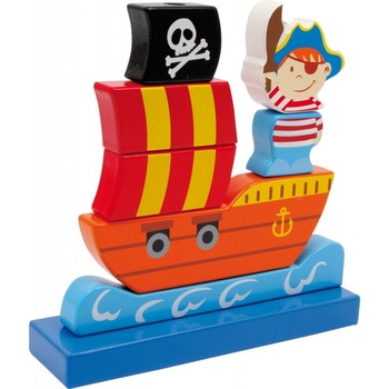 Barca piratilor din blocuri de lemn, Small Foot, Lemn, 1 an+ Barca piratilor din blocuri de lemn, Small Foot, Lemn, 1 an+