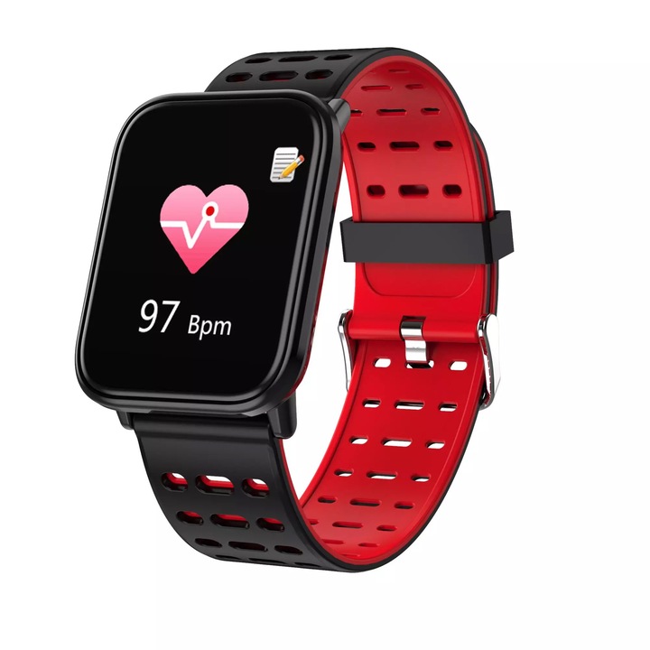 Смарт часовник, фитнес, монитор за кръвно и сърдечен монитор, Bluetooth, водоустойчив, текстура от въглеродни влакна, 1.3" екран, за IOS, Android, Samsung, Brand Pyramid, червен T6