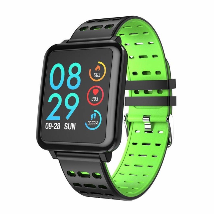 Ceas Smartwatch, fitness, TENSIOMETRU SI MONITORIZARE INIMA, Bluetooth, waterproof, textura fibra de carbon, ecran 1.3", pentru IOS, Android, Samsung, Brand Pyramid®, T6 verde