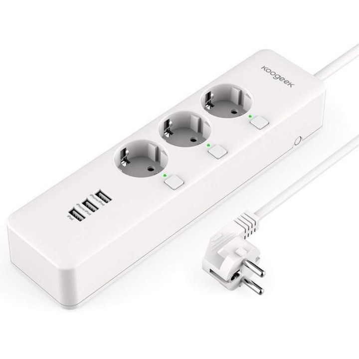 Smart разклонител Koogeek O1EU, три контакта и три USB порта, WiFi, Apple Homekit, бял
