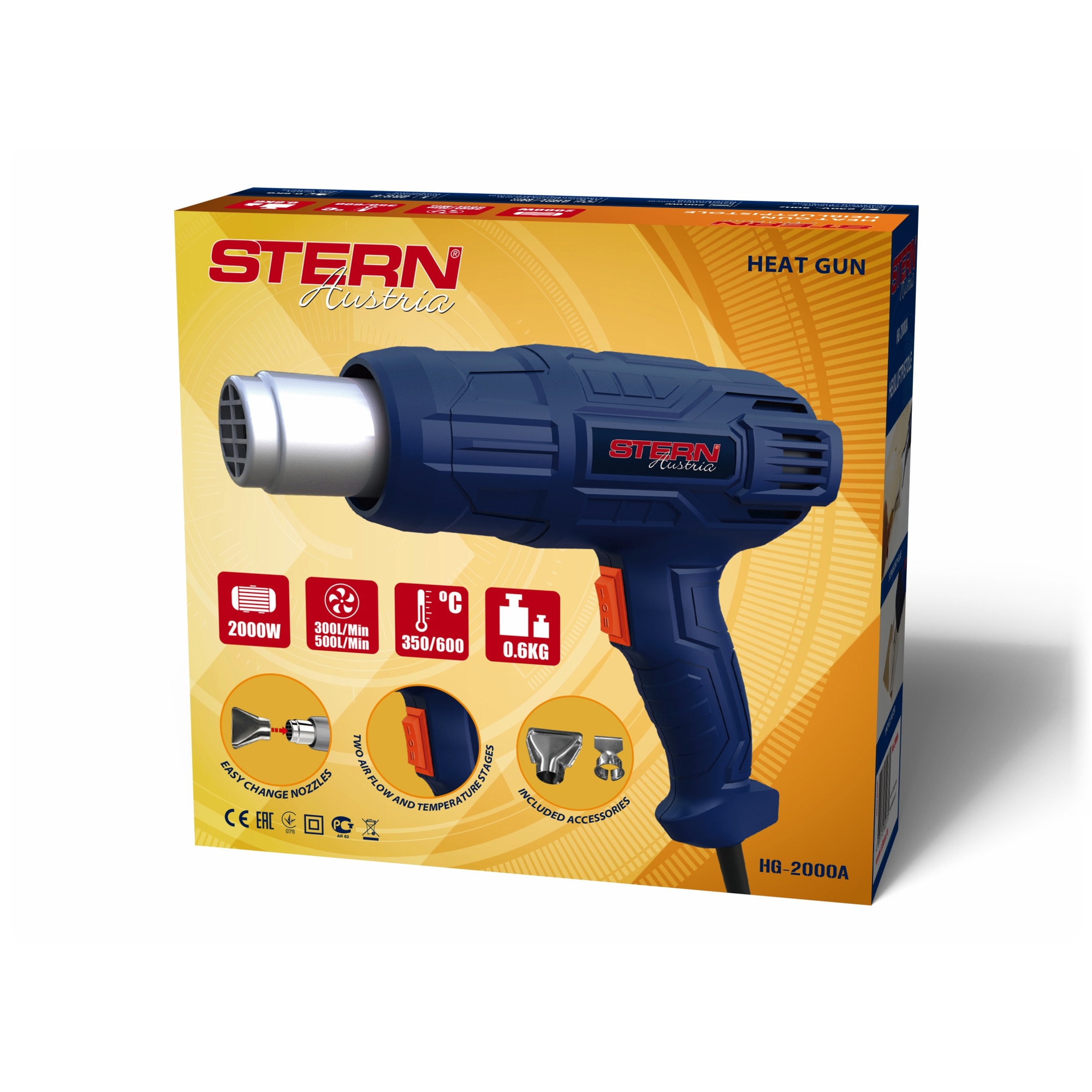 Pistol cu aer cald 2000W, 2 trepte de caldura, Stern Austria HG-2000A, accesorii incluse, Model 2019