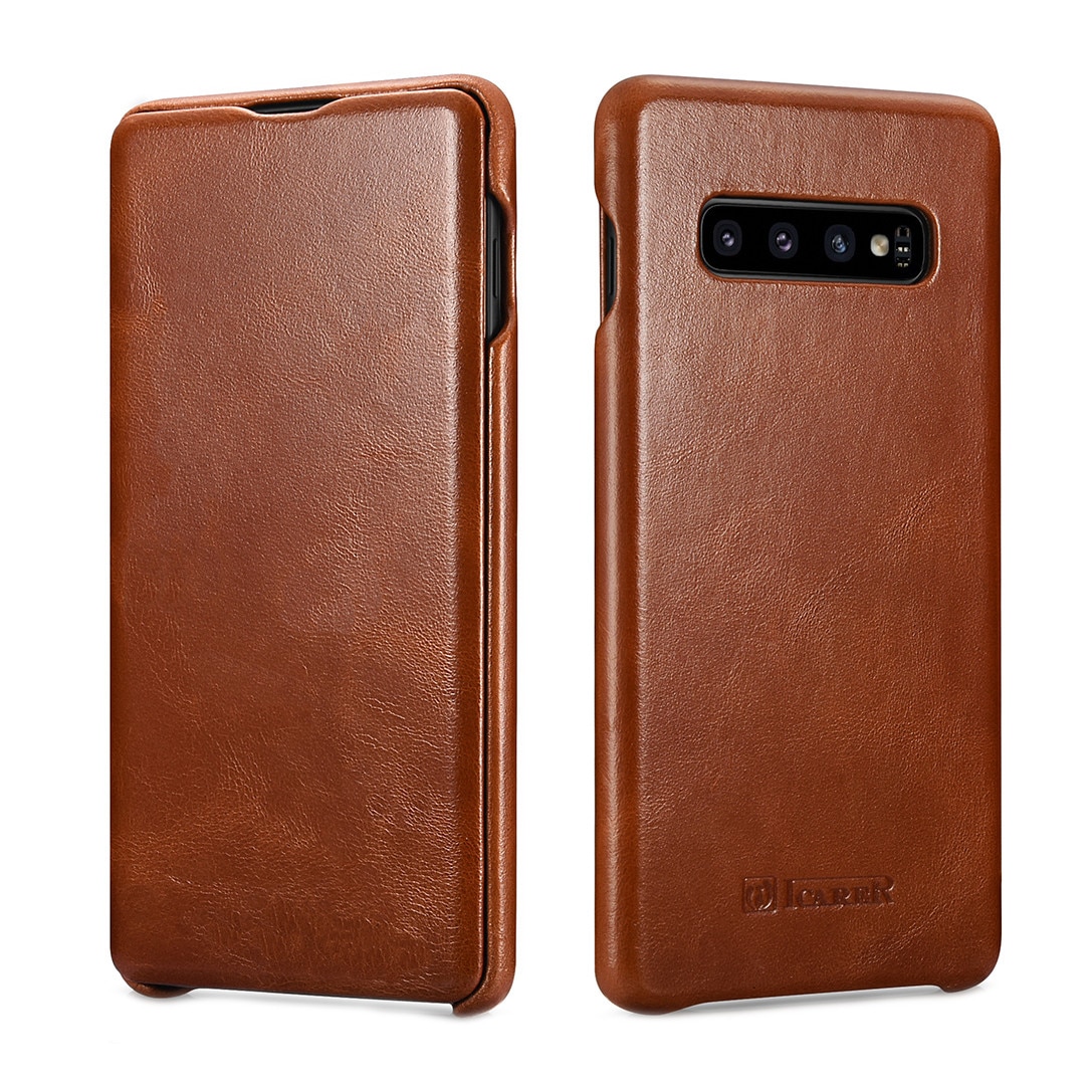 Husa Samsung Galaxy S10 - iCARER Vintage, din piele, tip carte cu clapeta curbata, culoare Maro coniac