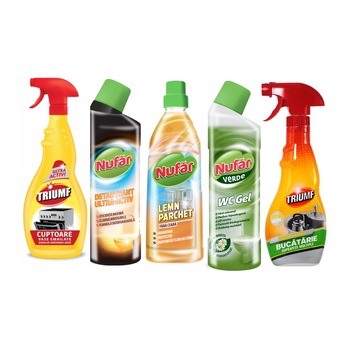Pachet NUFAR/TRIUMF - Triumf cuptoare 500ml, Triumf bucatarie 500ml, Nufar lemn/parchet fara ceara 750ml, Detartrant Ultra Activ 750 ml, Nufar Verde WC Gel 750ml Pachet NUFAR/TRIUMF - Triumf cuptoare 500ml, Triumf bucatarie 500ml, Nufar lemn/parchet fara ceara 750ml, Detartrant Ultra Activ 750 ml, Nufar Verde WC Gel 750ml