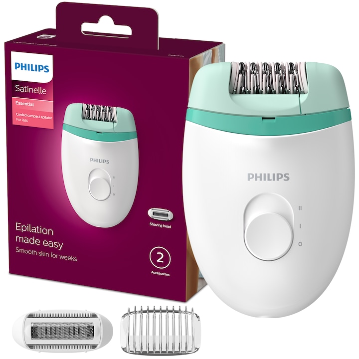 Epilator Philips Satinelle BRE245/00, 2 viteze, cap de epilare lavabil, 2 accesorii, Alb