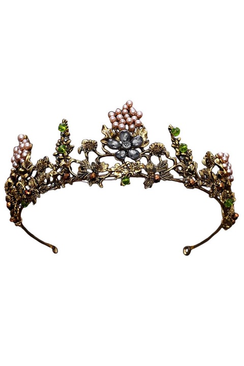 Tiara Eleganta queen titania, cu flori din cristale, struguri din perle si frunze, Multicolor