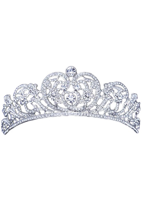 Tiara Eleganta katherine, model floral baroc, cu cristale albe fatetate, Argintiu