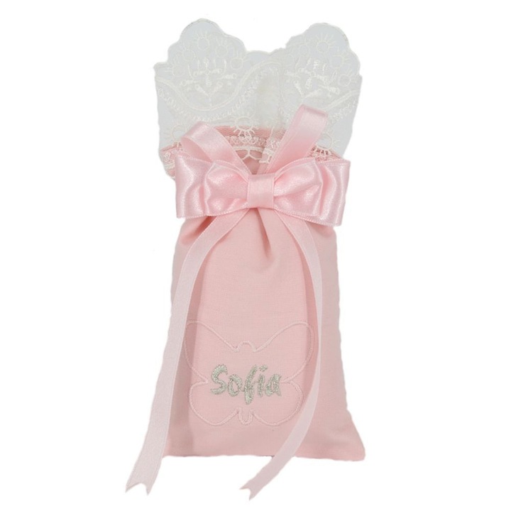 Marturie botez saculet personalizat "fluturas" , roz-alb, fara umplutura.