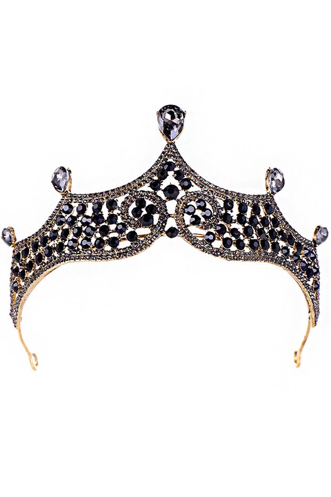 Tiara eleganta Queen Mab, metal patinat cu cristale negre, Auriu bronz