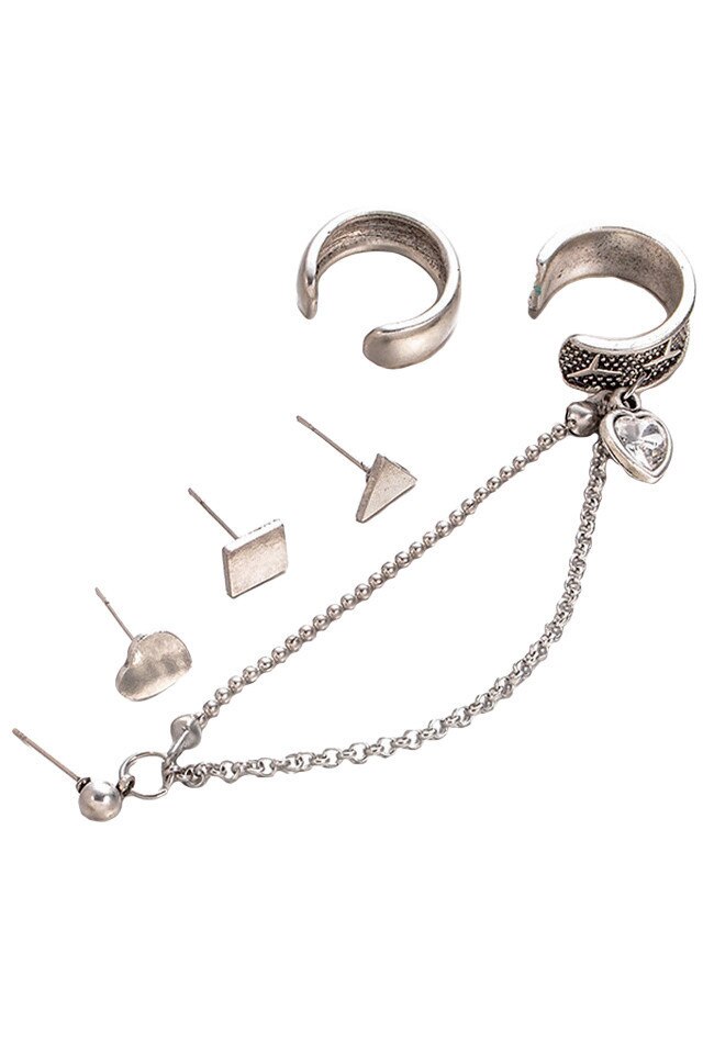 Set Cercei si ear cuff boho patinat, forme geometrice si lantisoare, Argintiu, Urechea stanga sau dreapta