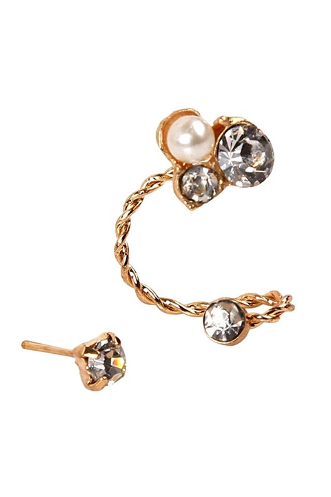 Cercel Ear cuff pentru ambele urechi, fir rasucit cu cristale si perla, Auriu, Urechea stanga sau dreapta