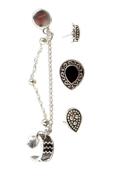 Set Cercei si ear cuff cu lantisoare, model boho argintiu patinat, Argintiu, Urechea stanga sau dreapta Set Cercei si ear cuff cu lantisoare, model boho argintiu patinat, Argintiu, Urechea stanga sau dreapta