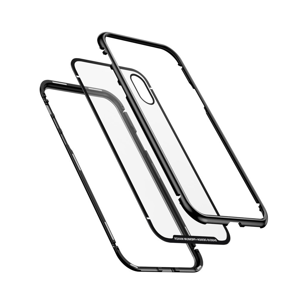 Husa de protectie hibrida din sticla transparenta si rama magnetica, Baseus Magnetite , iPhone XS / X, contur negru