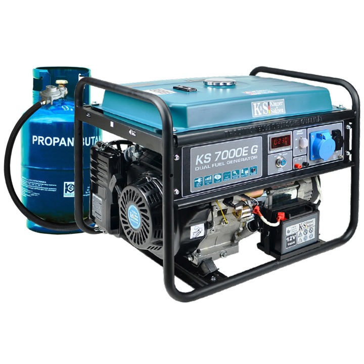 Generator curent profesional Könner & Söhnen KS 7000E G , GPl/benzina 5.5 kW , pornire electrica,13 cp, autonomie 17h , regulator AVR, protectie suprasarcina, LED-display, protectie nivel scazut ulei , bobinaj 100% cupru
