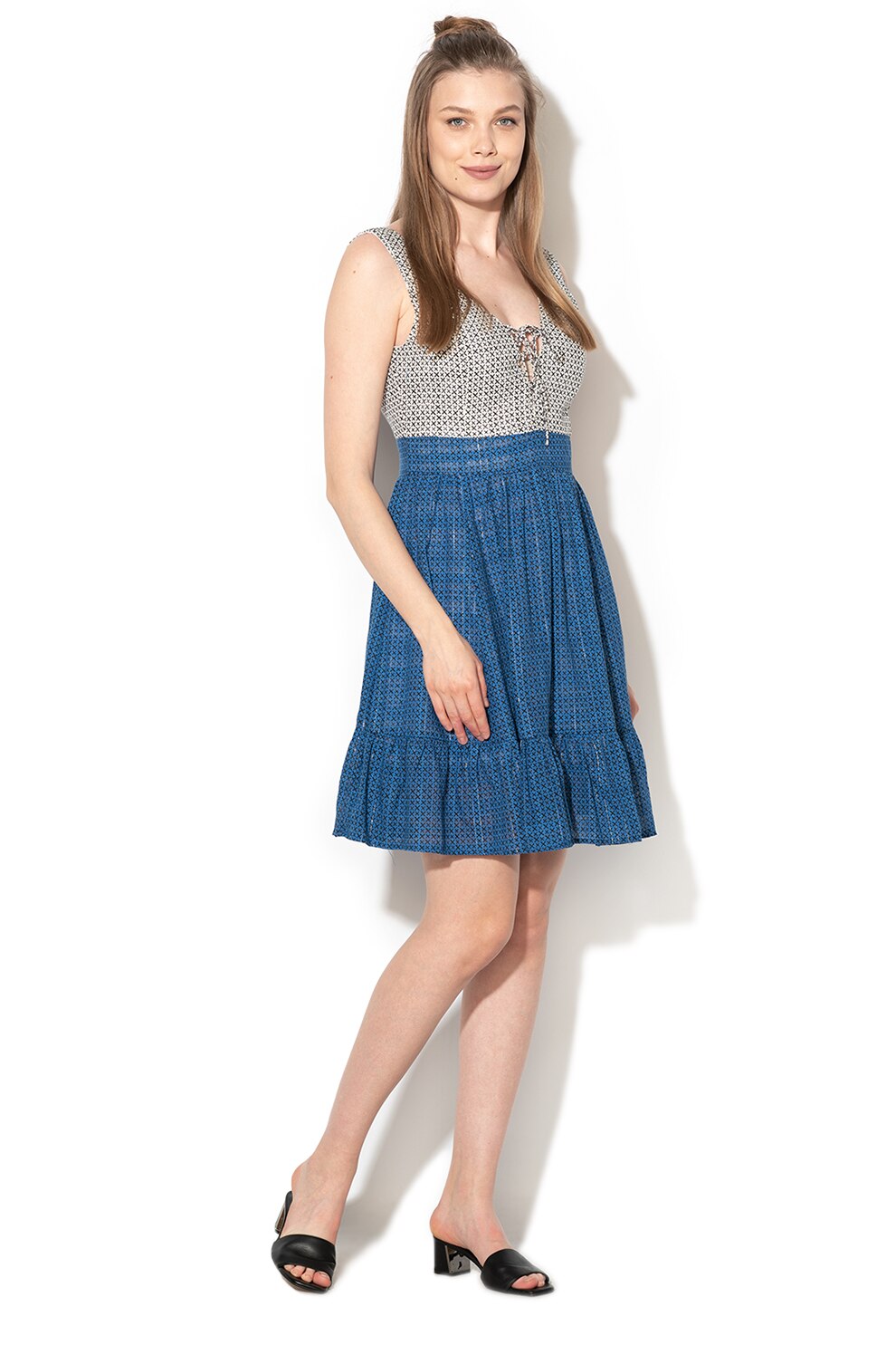 United Colors of Benetton, Rochie evazata cu insertii cu fir stralucitor, Alb/Albastru, M
