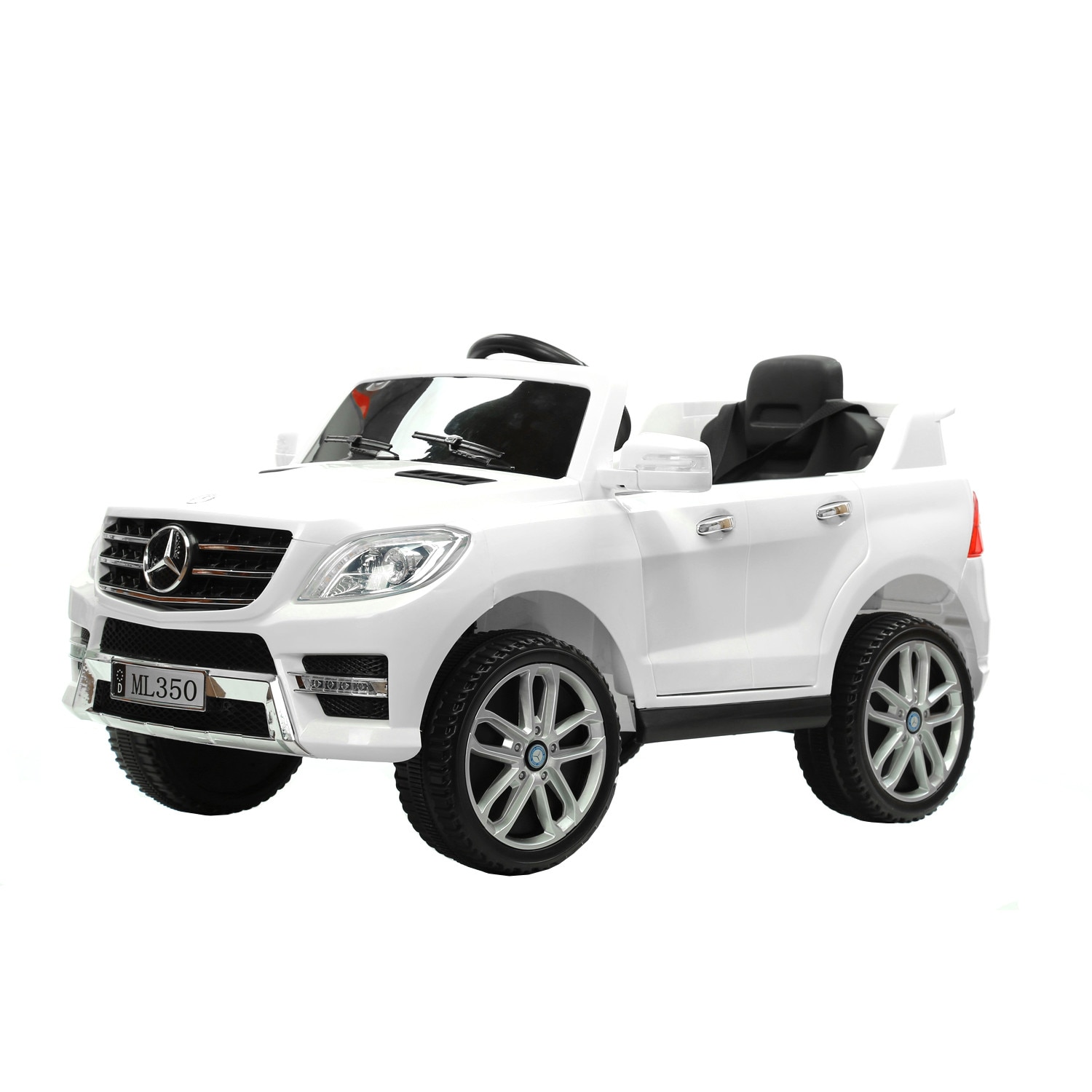 Masinuta electrica Mercedes-Benz ML 350, Alba licenta originala, usi care se deschid, Scaun din plastic, 2x motoare, baterie de 12V, telecomanda 2,4 Ghz, pornire usoara, amortizoare