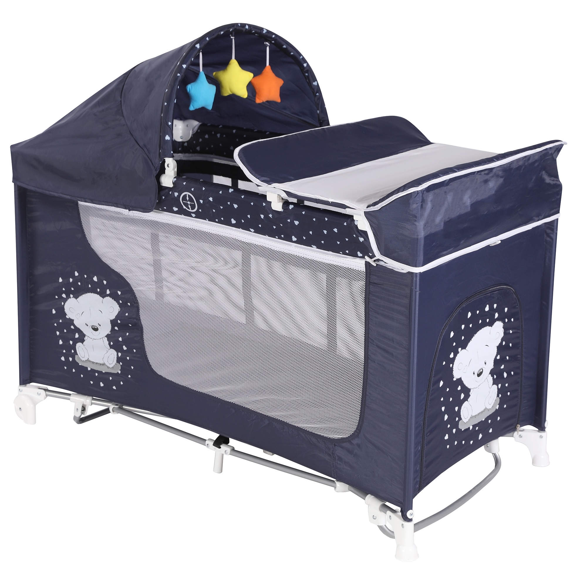 Pat pliant Lorelli Classic Moonlight Rocker, 2 nivele, arcada jucarii si masuta de infasat, Ursulet, Bleumarin