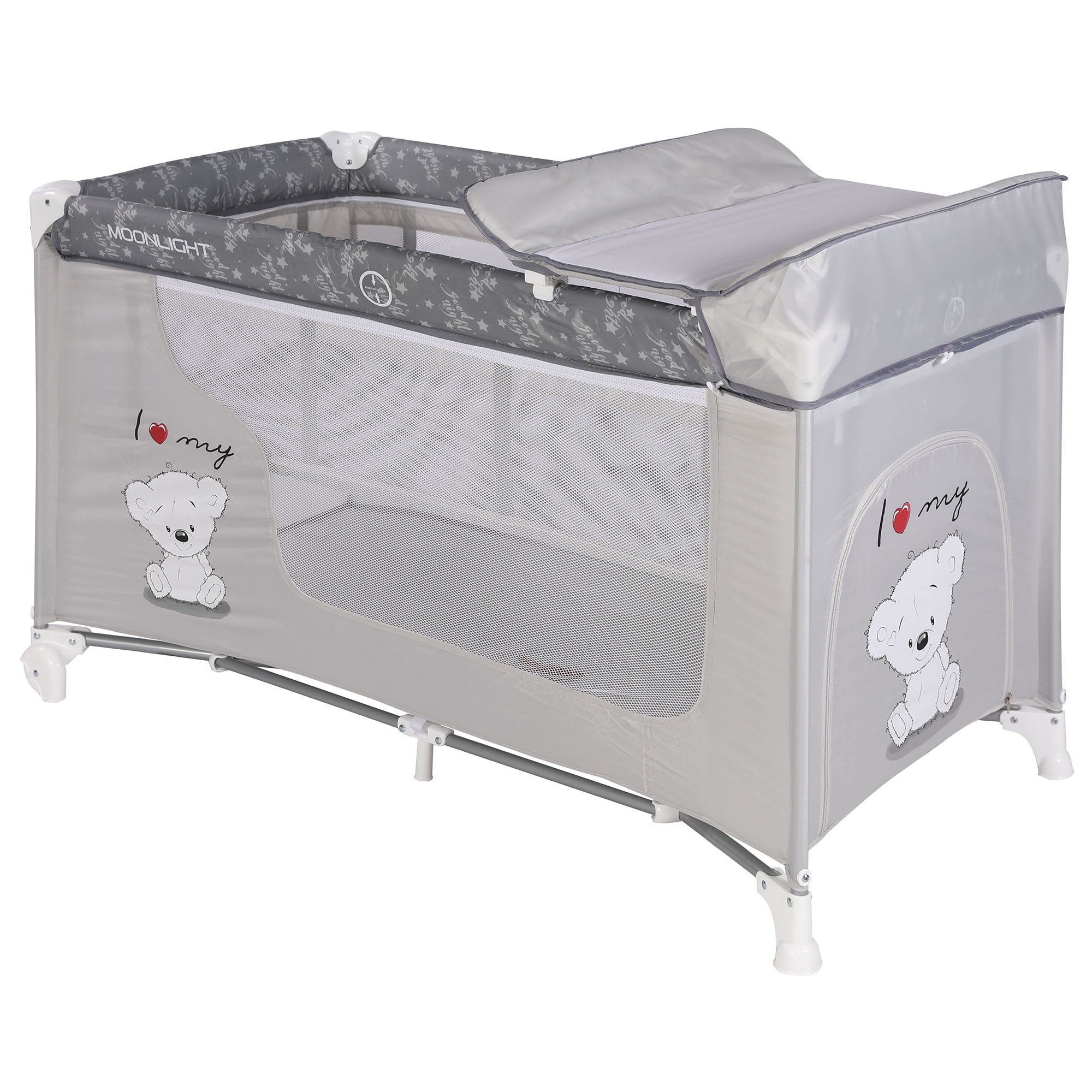 Pat pliant Lorelli Classic Moonlight, 2 nivele si masuta de infasat, Ursulet, Gri