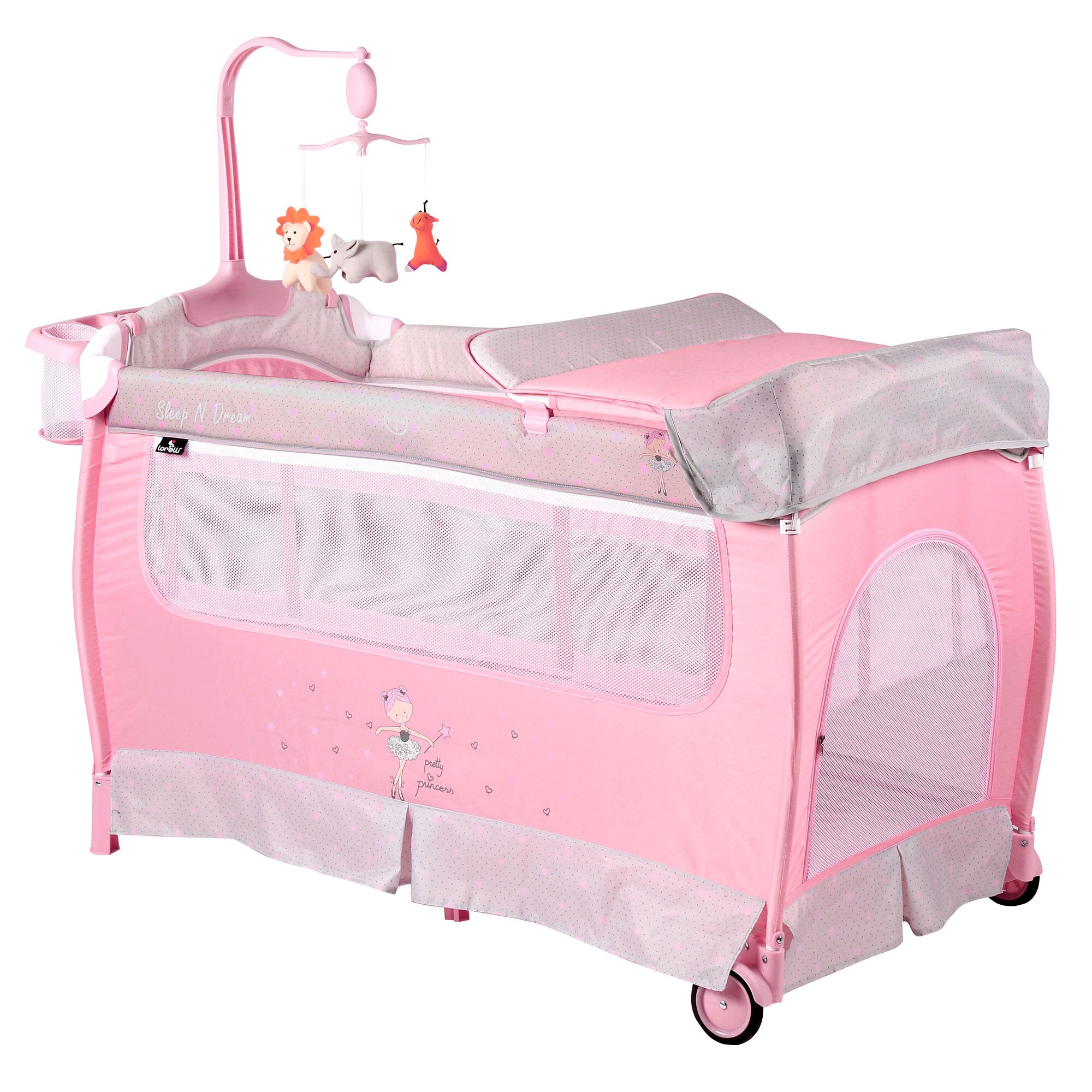 Pat pliant Lorelli Classic Sleep'n Dream, 2 nivele, carusel si masuta de infasat, Balerina, Roz