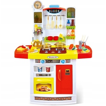 Bucatarie MULTIFUNCTIONALA IDL Candy Pink, 95 CM Inaltime, Efecte luminoase si sonore, Dotata cu accesorii simbolice: aragaz, frigider, cuptor, vesela, produse alimentare , Maro