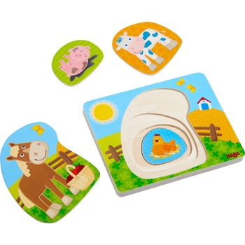 Puzzle din lemn in straturi, Distractie la ferma, Haba, 4 straturi Puzzle din lemn in straturi, Distractie la ferma, Haba, 4 straturi