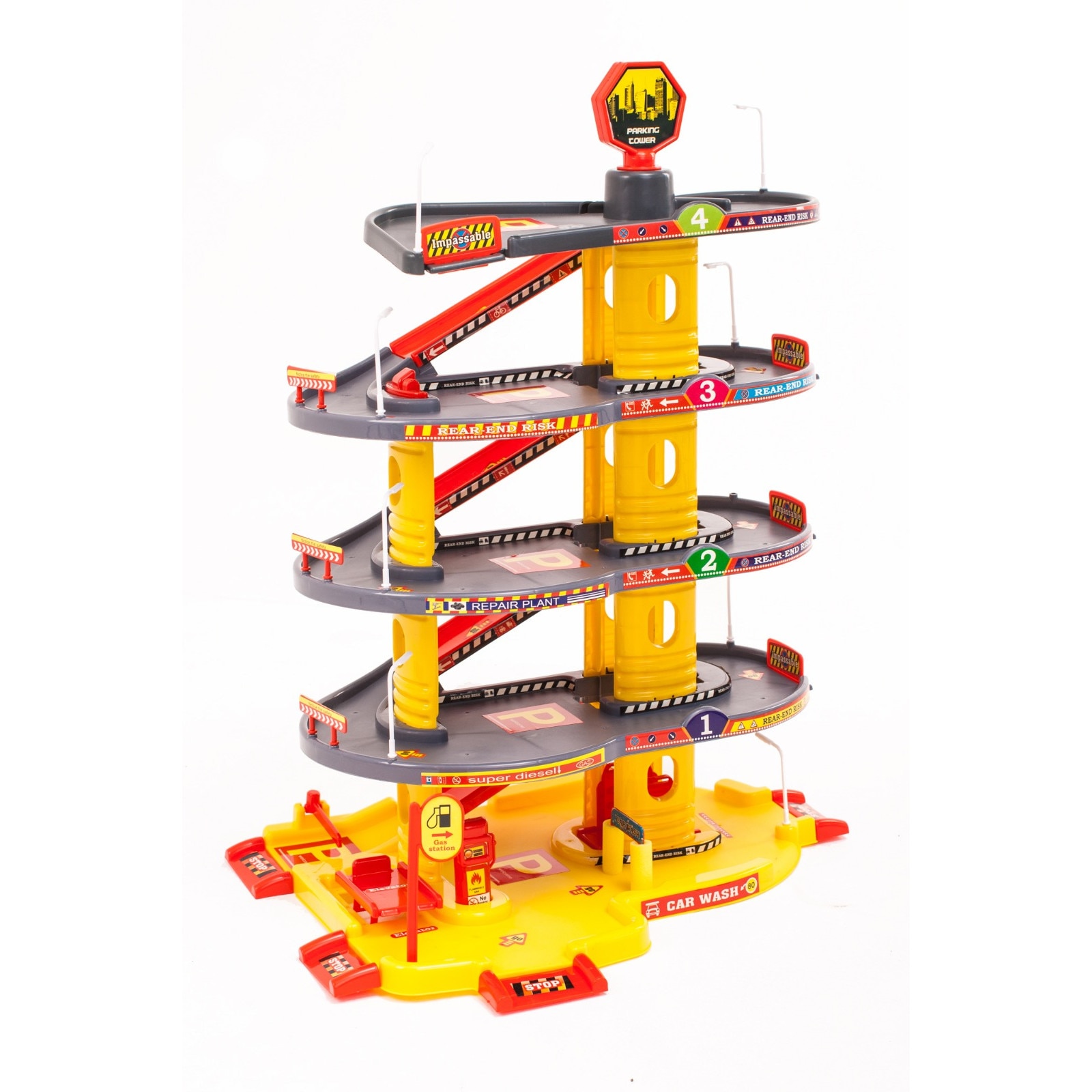 Set de joaca complex IDL Hot Car Wash , Multitudine de accesorii simbolice: Masini, Parcare auto pe 4 nivele, Lift auto, Porti si Semne auto, ce asigura siguranta generala pentru ore intregi dedicate distractiei