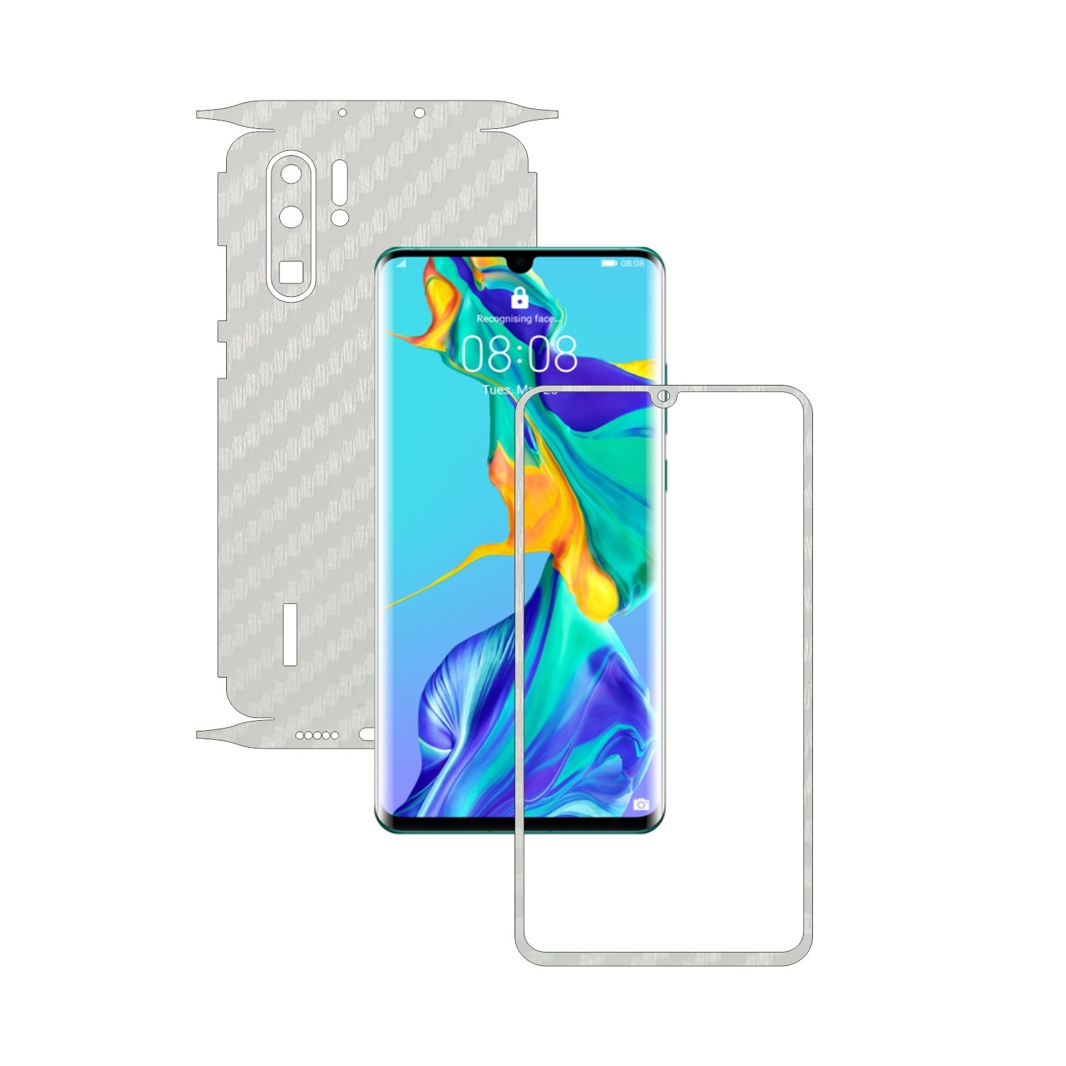 Folie Protectie Carbon Skinz pentru Huawei P30 Pro - Carbon Alb 360 Cut, Skin Adeziv Full Body Cover pentru Rama Ecran, Carcasa Spate si Laterale