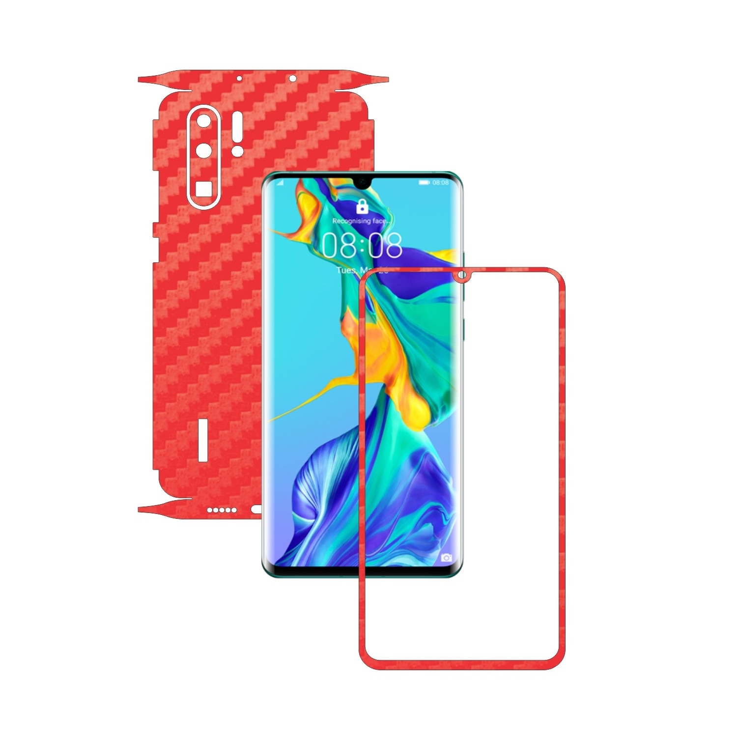 Folie Protectie Carbon Skinz pentru Huawei P30 Pro New Edition - Carbon Rosu 360 Cut, Skin Adeziv Full Body Cover pentru Rama Ecran, Carcasa Spate si Laterale