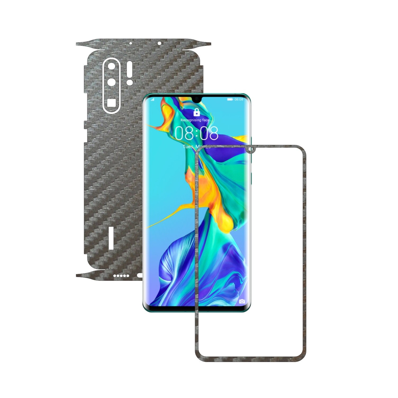 Folie Protectie Carbon Skinz pentru Huawei P30 Pro New Edition - Carbon Gri Argintiu 360 Cut, Skin Adeziv Full Body Cover pentru Rama Ecran, Carcasa Spate si Laterale
