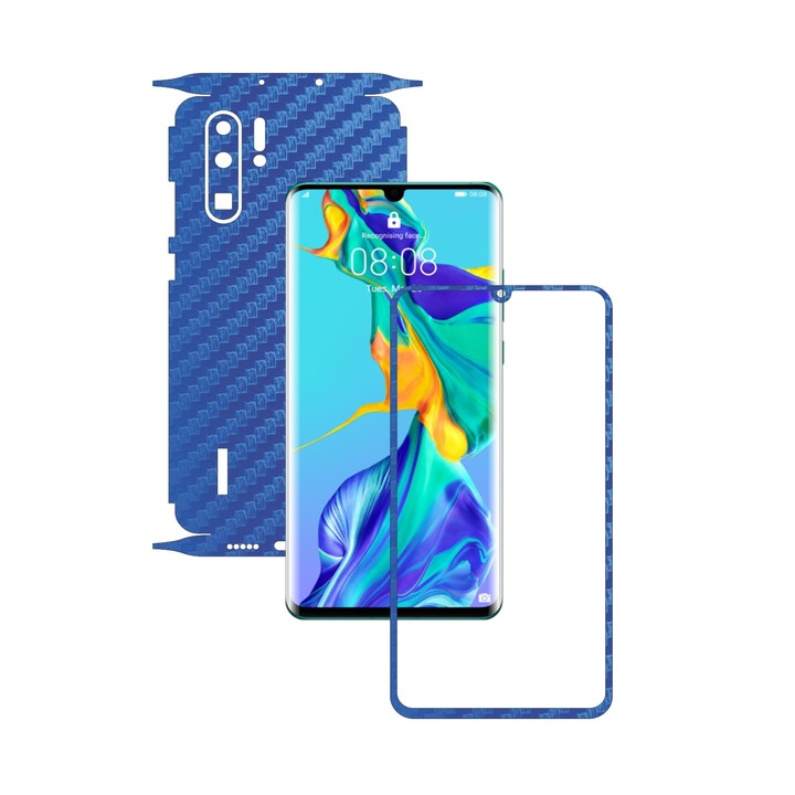 Folie Protectie Carbon Skinz pentru Huawei P30 Pro - Carbon Albastru 360 Cut, Skin Adeziv Full Body Cover pentru Rama Ecran, Carcasa Spate si Laterale
