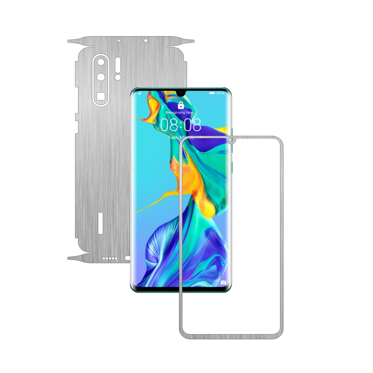 Folie Protectie Carbon Skinz pentru Huawei P30 Pro - Brushed Argintiu 360 Cut, Skin Adeziv Full Body Cover pentru Rama Ecran, Carcasa Spate si Laterale