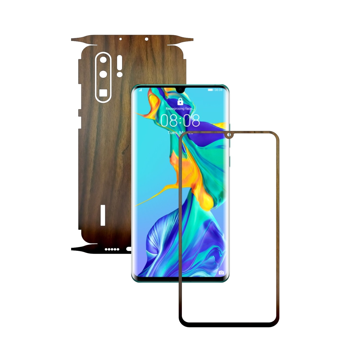 Folie Protectie Carbon Skinz pentru Huawei P30 Pro New Edition - Lemn Nuc 360 Cut, Skin Adeziv Full Body Cover pentru Rama Ecran, Carcasa Spate si Laterale