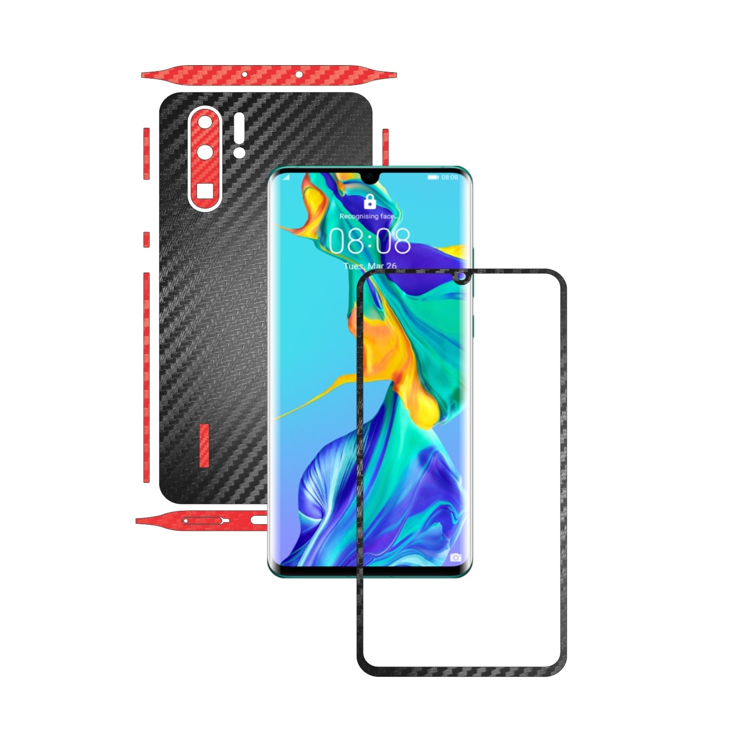 Folie Protectie Carbon Skinz pentru Huawei P30 Pro - Carbon Two Tone Negru / Rosu, Skin Adeziv Full Body Cover pentru Rama Ecran, Carcasa Spate si Laterale