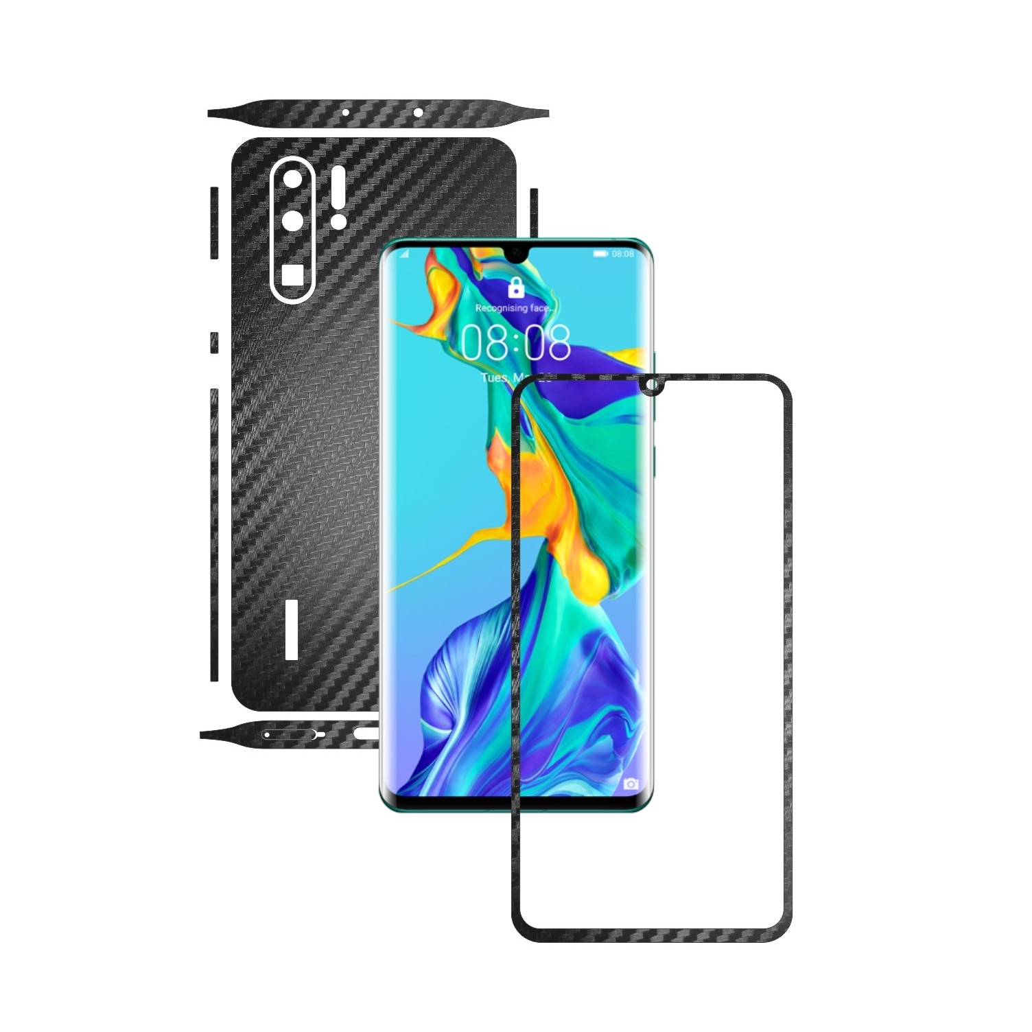 Folie Protectie Carbon Skinz pentru Huawei P30 Pro New Edition - Carbon Negru Split Cut, Skin Adeziv Full Body Cover pentru Rama Ecran, Carcasa Spate si Laterale